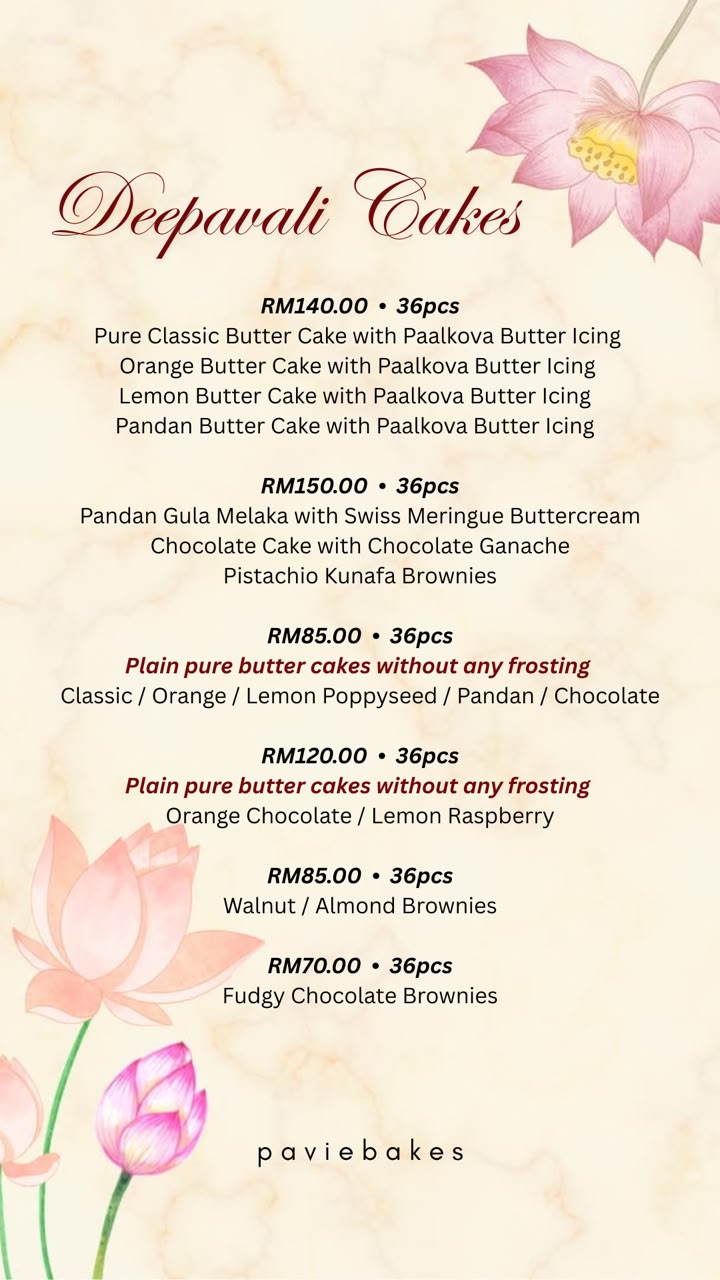 Original Pavi Bakes Deepavali Cakes menu poster